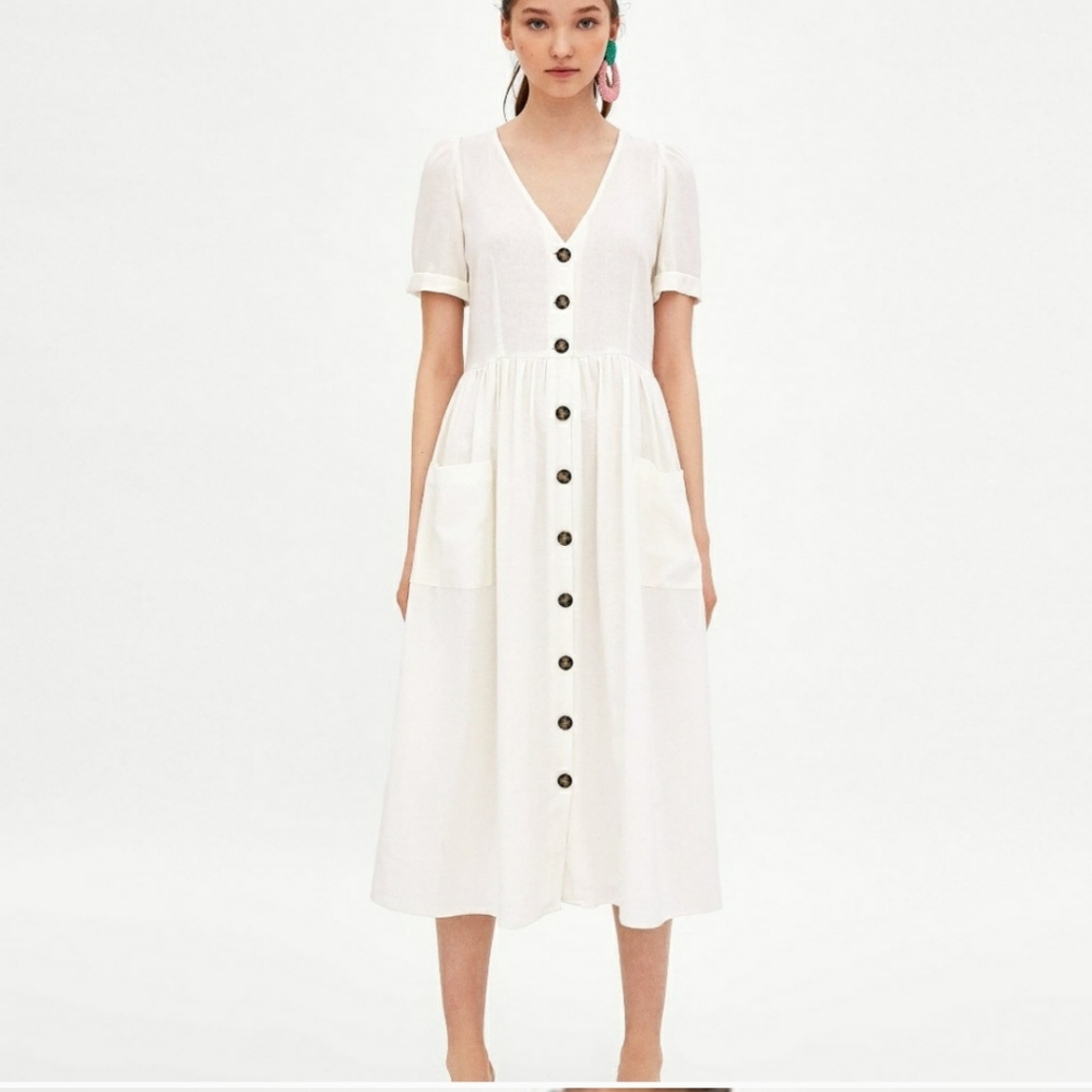 TRF Zara White Linen Midi Button Front Dress